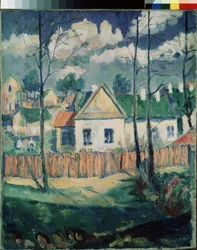 Printemps. Paysage avec une petite maison. (Primavera. Paisagem com uma pequena casa). peinture de Kasimir Severinovich Malevitch (Malevich, Malevic) (1878-1935), huile sur toile