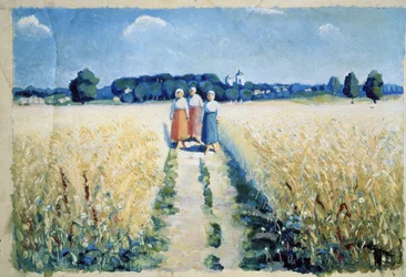 Trois femmes sur la route (Três Mulheres na Estrada). Camponesas descalças em trajes tradicionais, caminhando entre campos cultivados, no meio do verão, época da colheita agrícola. Pintura de Kasimir Severinovich Malevich (Malevich, Malevic) (1878-1