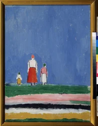 Três Números. Uma mãe com dois filhos, retratada por trás. Pintura de Kasimir Severinovich Malevich (Malevich, Malevic) (1878-1935), óleo sobre tela 1913 ou depois de 1927. Arte russa, avant garde século XX, suprematismo. Colecção p