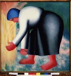 Um Ceifeiro. Retrato de uma camponesa curvada, descalça, a colher cereais. Pintura de Kasimir Severinovich Malevich (Malevich, Malevic) (1878-1935), óleo sobre madeira