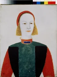 Uma rapariga. Pintura de Kasimir Severinovich Malevich (Malevich, Malevic) (1878-1935), óleo sobre tela 1932. Arte russa, avant garde, século XX, suprematismo. Museu Estatal Russo, São Petersburgo