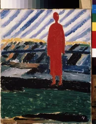 Uma figura vermelha. Pintura por Kasimir Severinovch Malevich (Malevich, Malevic) (1878-1935), óleo sobre tela
