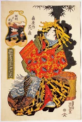 Courtesan Hanaogi da casa de Ogiya no desfile de primavera de cortesãs, por volta de 1830, estampa de arte ukiyo-e de Keisai Eisen (1790-1848), talha de Oban tate-e, 38,5 x25. 7 cm, civilização japonesa, período Edo