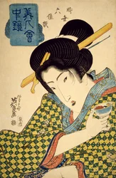 Retrato de mulher jovem com copo na mão, por volta de 1830, ukiyo-e de Keisai Eisen (1790-1848), espelho com série de mulheres bonitas, seleção de seis belezas contemporâneas, xilogravura em forma de oban, civilização japonesa, período Edo (1603-1868)