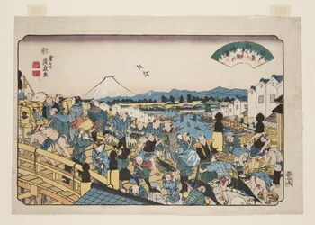Clearing Weather at Nihonbashi (Nihonbashi no seiran) (impressão em bloco de madeira colorida)