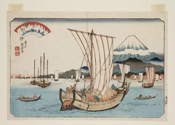 Velas de Retorno na Baía de Shiba (Shibaura no kihan) (impressão em bloco de madeira colorida)