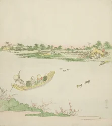 Uma balsa cruzando o rio Sumida
