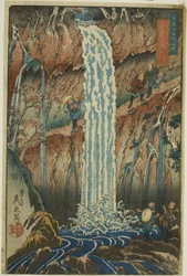 Cascatas com vista para trás, uma das três cascatas (Urami-ga-taki, santaki no sono ikkei), da série "Pontos cénicos famosos nas montanhas de Nikko (Nikkosan meisho no uchi)"