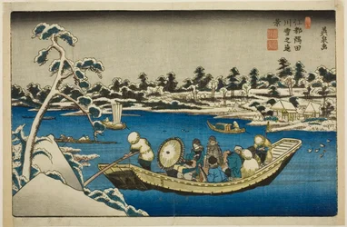 Vista distante da neve no rio Sumida em Edo