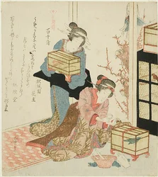 Alimentar a miríade de pássaros (Momochidori), da série "A história de três pássaros (Sanchoden)"