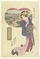 Tempestade nocturna no Yoshiwara
Yoshiwara no yau (título sobre o objecto)
Oito rostos famosos de Edo (título da série)
Toto meisho hakkei (título da série sobre o objecto)