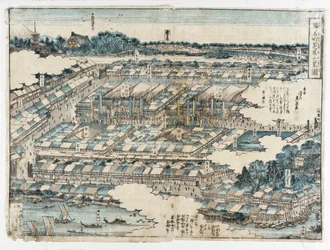 Esboço do bairro dos teatros kabuki em Saruwakamachi