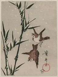 Pardais, bambu e neve caindo, c. final da década de 1820.