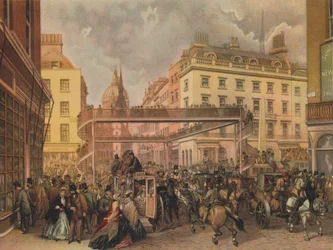 Projete uma nova passarela no cruzamento Ludgate Hill e Fleet Street, cidade de Londres, 1862.