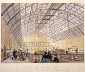 Interior da Estação Charing Cross mostrando trens e o telhado de ferro, Londres, c1890