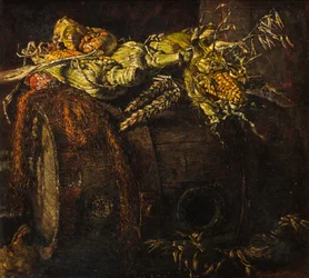 Barril velho e espigas de milho (óleo sobre tela)