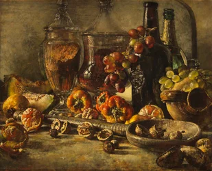 Natureza morta com frutas, nozes e garrafas (óleo sobre tela)