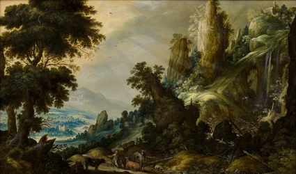 Paisagem montanhosa com cachoeira, 1605-1609