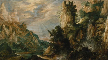 Uma paisagem montanhosa com uma cachoeira, ca. 1600