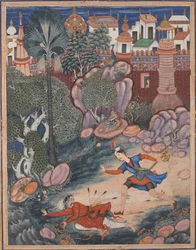 Umar Anda pelo Castelo Fulad, Encontra um Soldado a Pé e Pontapeia-o para o Chão..., ca. 1570.