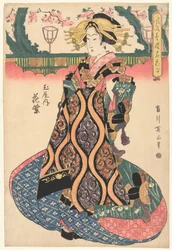 Cortesã Hanamurasaki da casa Tamaya Tamaya uchi Hanamurasaki (título no objeto) Flores famosas das refinadas casas de prazer (título da série) Furyu seiro meika awase (título da série no objeto)