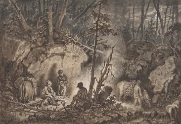 Caçadores a descansar numa floresta à noite, 1830-60.