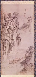 Art coreen: o regresso de Mu-i. Coreen paisagem com barco e penhasco íngreme. Impressão de Kim Hong do ou Danwon (1745-ca. 1806). 1760. Colecção Hyung Pil Chun.