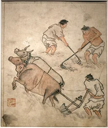 Cena de trabalho agrícola. Pintura de Danwon (Kim Hongdo) (1745-1806), tinta sobre papel, arte Coreen, período Joseon (Choson) século XVIII. Museu Nacional da Coreia, Seul (Coreia do Sul).