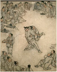 Cena de luta tradicional, com espectadores e um vendedor de doces. Arte coreana, período Joseon, século XVIII. Museu Nacional da Coreia, Seul (Coreia do Sul).