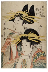 Duas cortesãs com um pergaminho, Período Edo, c.1790-1804 (xilogravura sobre papel)