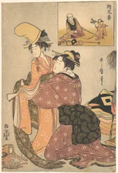Uma mulher veste uma rapariga para a dança kabuki «Musume Dōjōji», com uma «imagem irmã» (E-kyōdai) de um domador de macacos