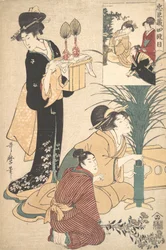 Uma mulher e um homem arranjando flores para o Festival da Lua Tsukimi, 1802.