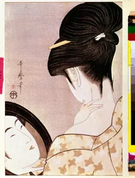 Uma mulher a empoar o pescoço à sombra. Estampa japonesa de Kitagawa Utamaro (1753-1806). 0,37 x 0,22 m. 1795-1796. Paris, Musée Guimet, Museu Nacional das Artes Asiáticas