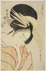 Akashi do Tamaya, da série Sete Komachis de Yoshiwara (Seiro nana Komachi) (Tamaya uchi Akashi, Uraji, Shimano), c.1794-95 (xilogravura a cores; oban)