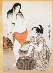 Awabi (moluscos) pescadores na água, estampa ukiyo-e de Kitagawa Utamaro (1753-1806), xilogravura, civilização japonesa, período Edo