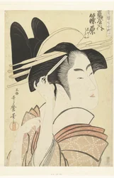 Retrato do busto da cortesã Shinowara da casa Tsuruya. Tsuruya uchi Shinowara (título no objeto) Os sete Komachi das casas de prazer (título da série) Seiro nana Komachi (título da série no objeto)