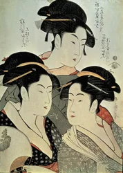 Grande plano de uma pintura de três mulheres, Kitagawa Utamaro, era Kansei, Japão