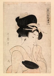 Cortesã segurando uma chávena de saqué, c.1790-1806 (xilogravura a cores)
