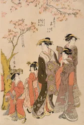 Cortesias passeando sob cerejeiras, c.1789 (impressão em xilogravura) (detalhe de 203664)