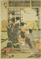 Tambores e Shamisen (xilogravura a cores; aiban)