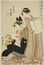 Hanamurasaki do Tamaya, (kamuro:) Shirabe, Teriha, Flores da série Neve, Lua e Flores em Yoshiwara (Seiro setsugekka) (Tamaya uchi Hanamurasaki, Shirabe, Teriha)