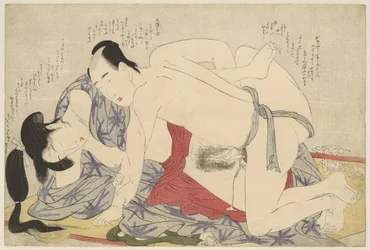 Jovem casal casado a fazer amor numa esteira de verão. Negai no itoguchi (título da série)