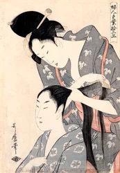 ""La Coiffeuse"" (Cabeleireiro) (Kamiyui) Gravure de Kitagawa Utamaro (1753-1806) - c 1798 - Xilogravura colorida - 38x27,6 - Galeria de Arte do Sul da Austrália