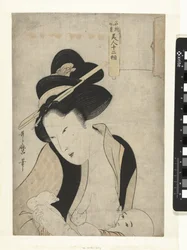 Mãe com criança ao peito
Doze características de belezas e paisagens famosas (título da série)
Meisho fukei bijin juniso (título da série sobre o objecto)