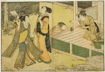 Jogos de Ano Novo com volante, raqueta e bola de mão, do livro ilustrado "Livro de imagens: flores das quatro estações (Ehon shiki no hana)", vol. 1
