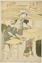 Nº 4 (shi), da série "Mulheres engajadas na indústria da sericultura (Joshoku kaiko tewaza-gusa)"
