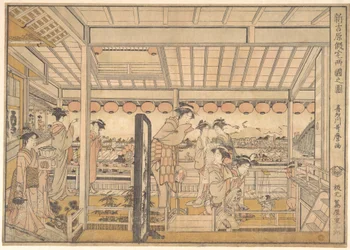 Vista dos alojamentos temporários do novo bairro de prazer de Yoshiwara em Ryōgoku (Shin Yoshiwara Karitaku Ryogoku no zu)