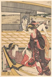 Grupos de recreio em barcos no rio Sumida sob a ponte Ryōgoku