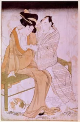 Representação de um casal japonês a acariciar um ao outro num banco. Impressões de Utamaro Kitagawa (1753-1806). Dim. 0,38x0,245 m. Paris, Muse Guimet, Museu Nacional de Artes Asiáticas