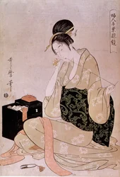 Costura, série de trabalhos manuais femininos: uma costureira corta o fio com os dentes. Estampa japonesa de Utamaro Kitagawa (1753-1806). Dimensões: 0,37x0,26 m. Século XVIII. Paris, Museu Guimet, Museu Nacional das Artes Asiáticas